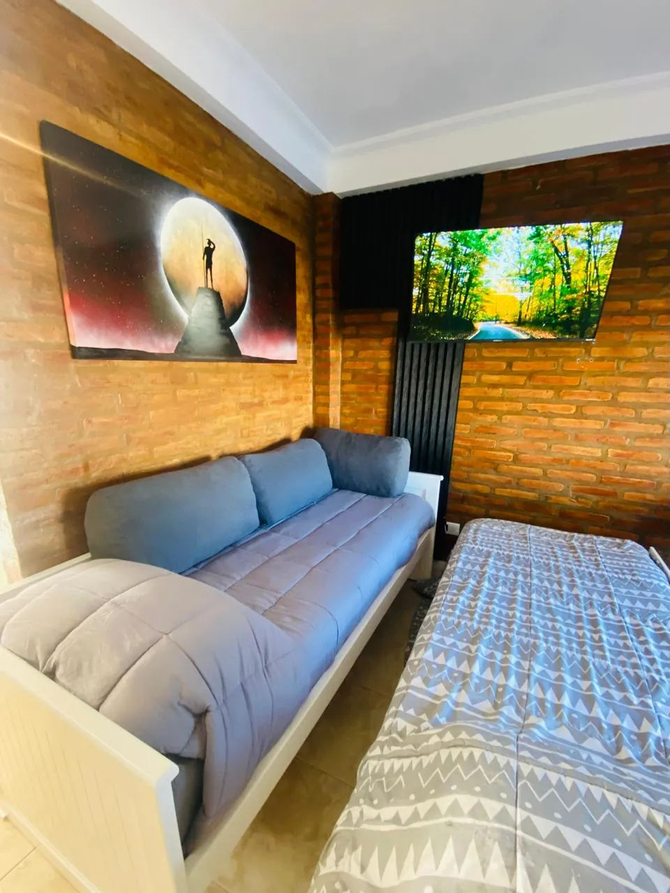 Living con diván cama doble y TV del Departamento Pioneros